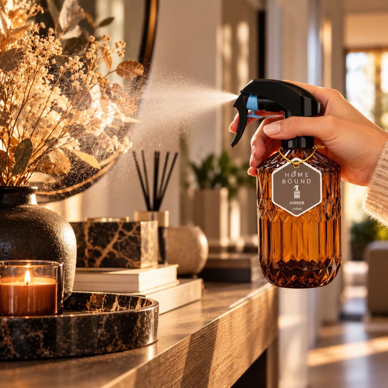 Facet Amber roomspray wordt in een hal verneveld