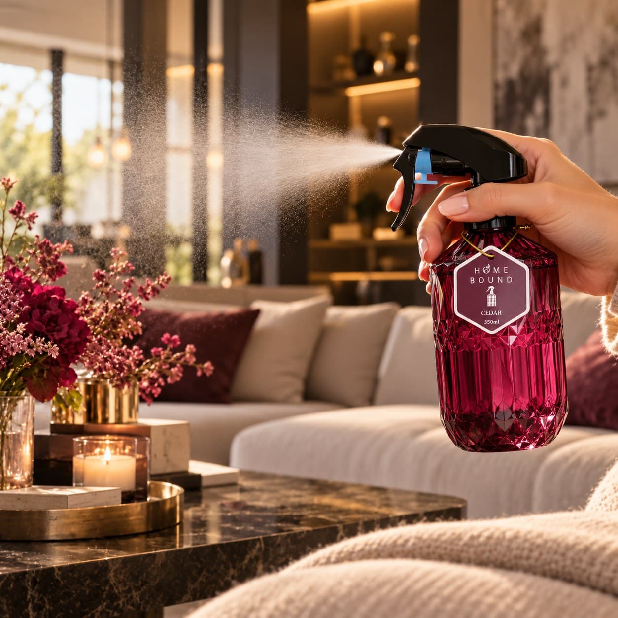 Facet Cedar roomspray wordt in een woonkamer verneveld