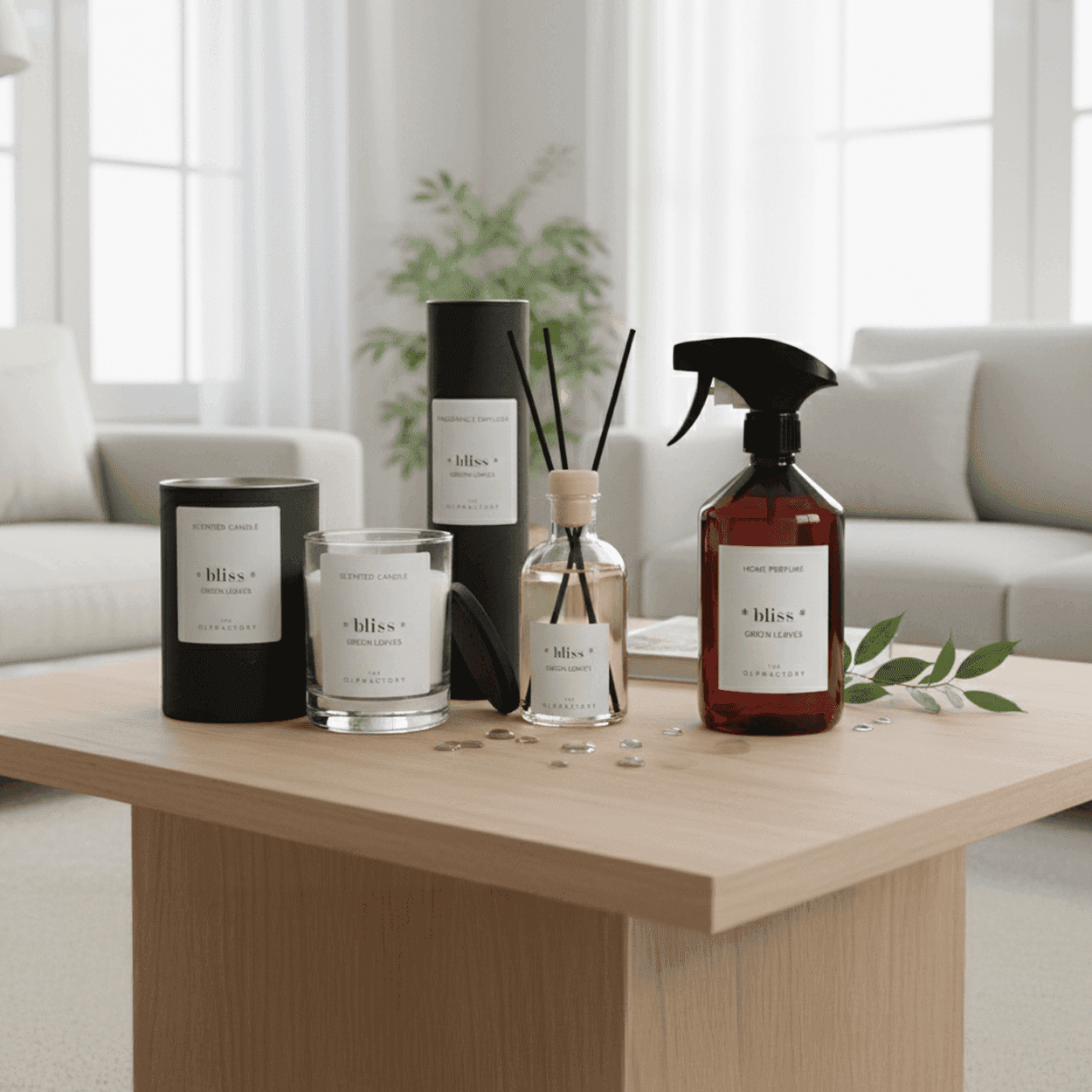 Bliss Green Leaves geschenkset, geurstokjes 100ml, interieurspray 500ml en geurkaars 200g (The Olphactory)