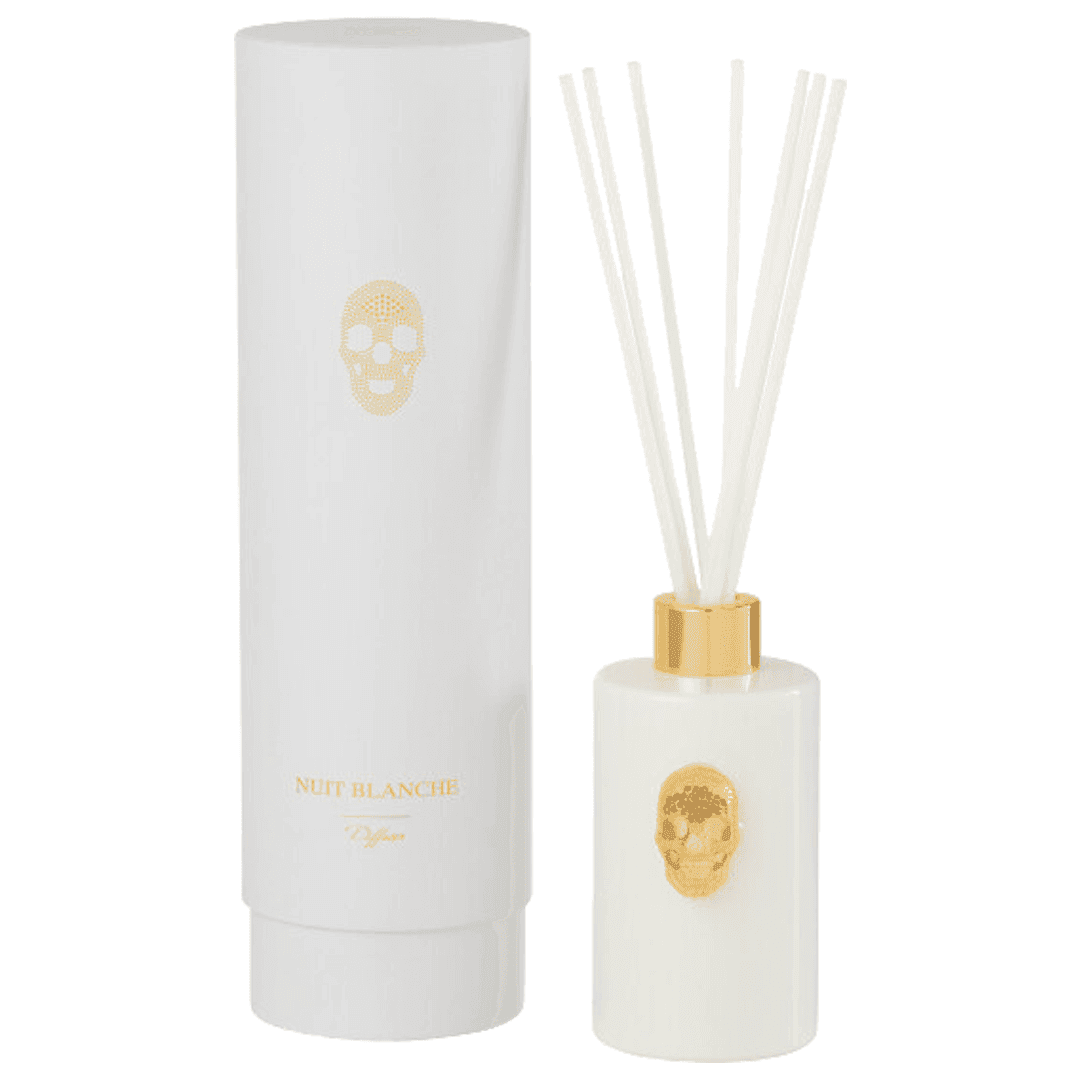 Nuit Blanc Geurolie 200ml, Luxe Oriëntaalse Geurstokjes in Witte Fles met Goudkleurig Doodshoofd